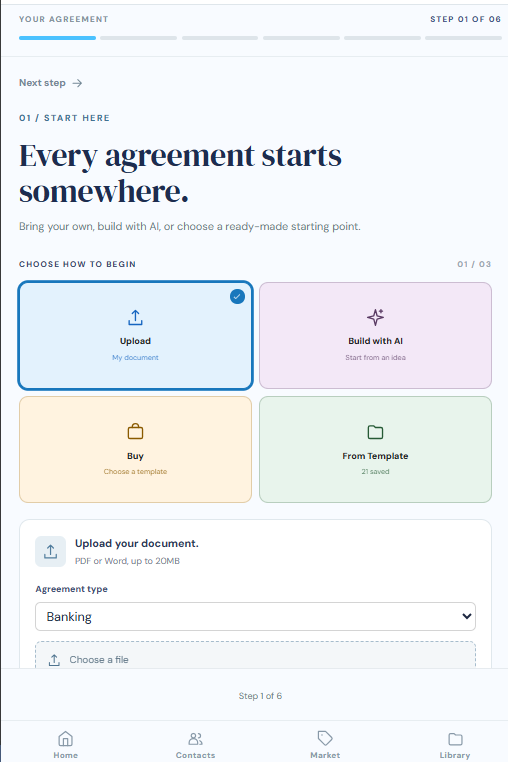Screenshot of the Start here step, showing Upload, Build with AI, Buy and From Template options