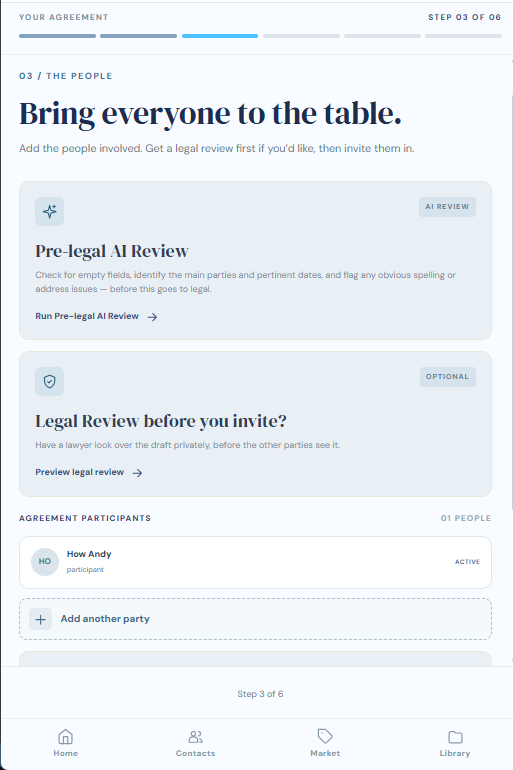 Screenshot of the Add parties step, showing Pre-legal AI Review, Legal Review and Add another party