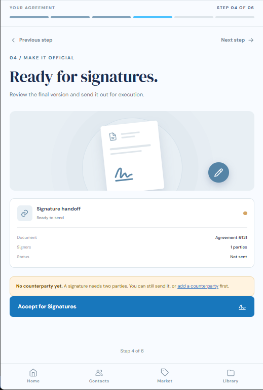 Screenshot of the Execute step, showing Signature handoff status and the Accept for Signatures button